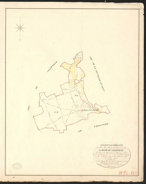 Haye-de-Calleville (La). Tableau d'assemblage du Plan Parcellaire de la Commune de La Haye-de-Calleville. _ Canton de Brionne - Bernay - Eure. _ Terminé sur le terrain en 1827, sous l'administration de M. Le Vicomte Raymond Delaitre, Préfet