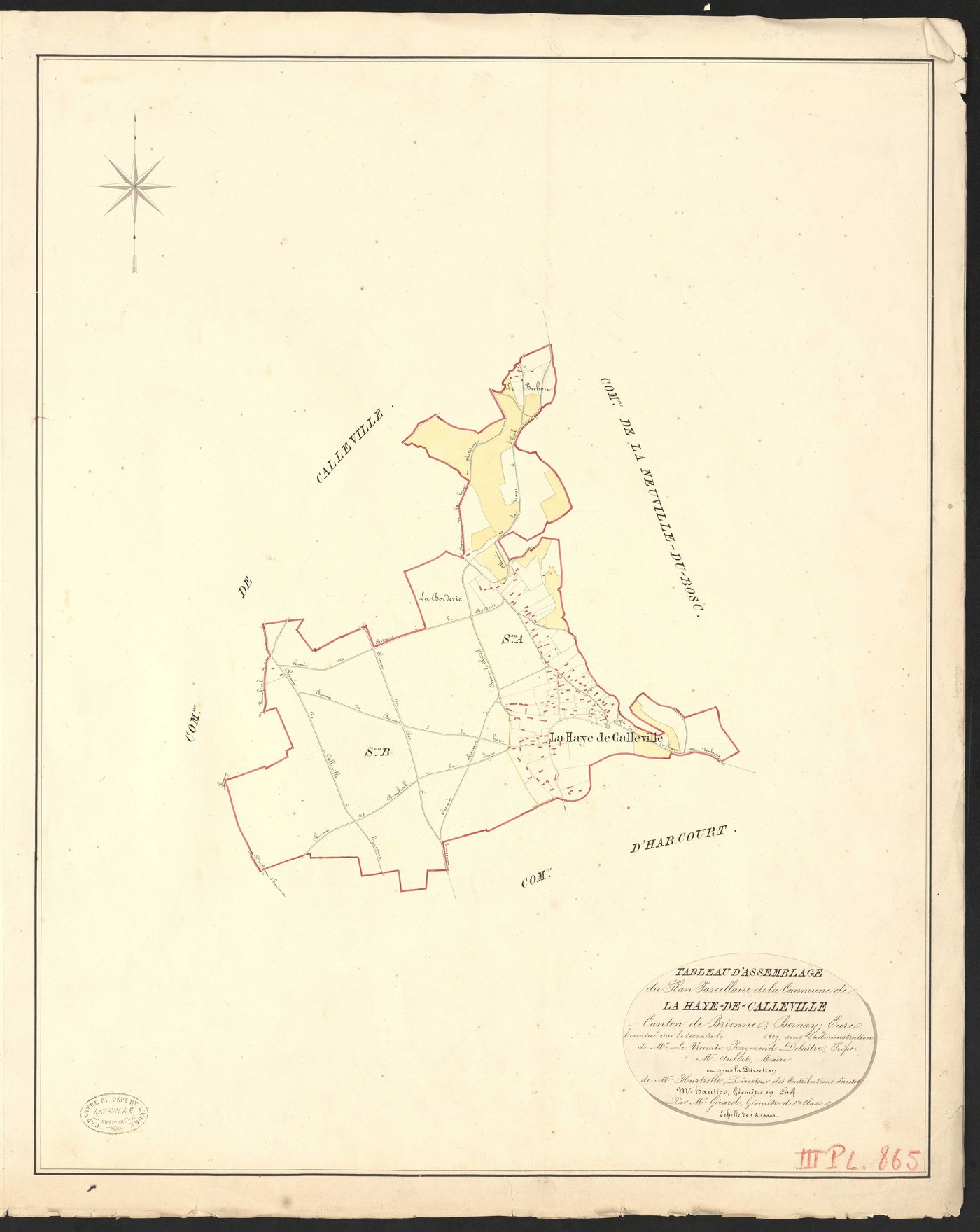 Haye-de-Calleville (La). Tableau d'assemblage du Plan Parcellaire de la Commune de La Haye-de-Calleville. _ Canton de Brionne - Bernay - Eure. _ Terminé sur le terrain en 1827, sous l'administration de M. Le Vicomte Raymond Delaitre, Préfet