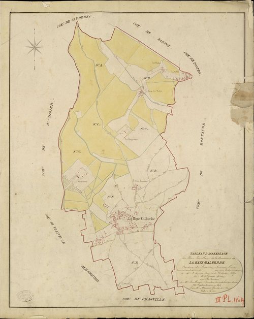 Haye-Malherbe (La). Tableau d'assemblage du plan parcellaire de la commune de La Haye Malherbe. _ Canton de Louviers - Louviers - Eure. _ Terminé sur le terrain le... 1823, sous l'administration de M. le Vicomte Raymond Delaitre, Préfet - d
