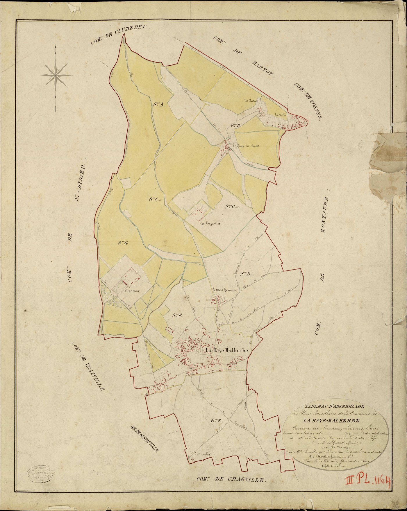 Haye-Malherbe (La). Tableau d'assemblage du plan parcellaire de la commune de La Haye Malherbe. _ Canton de Louviers - Louviers - Eure. _ Terminé sur le terrain le... 1823, sous l'administration de M. le Vicomte Raymond Delaitre, Préfet - d