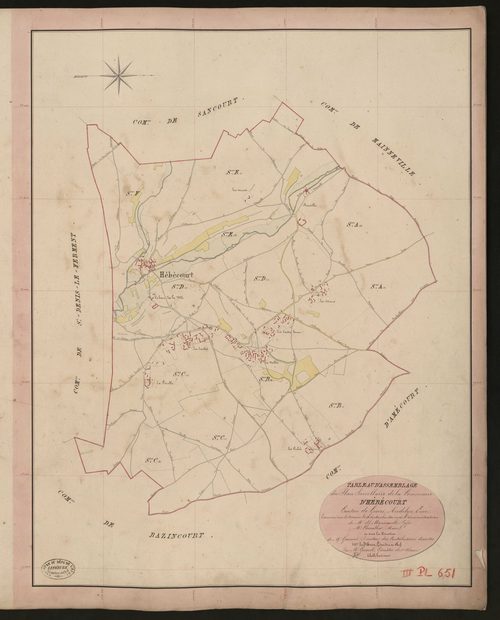 Hébécourt. Tableau d'assemblage du Plan Parcellaire de la Commune d'Hébécourt. _ Canton de Gisors - Andelys - Eure. _ Terminé sur le terrain le 10 septembre 1840, sous l'administration de M. de Monicault, Préfet - M. Chevallier, Maire et so