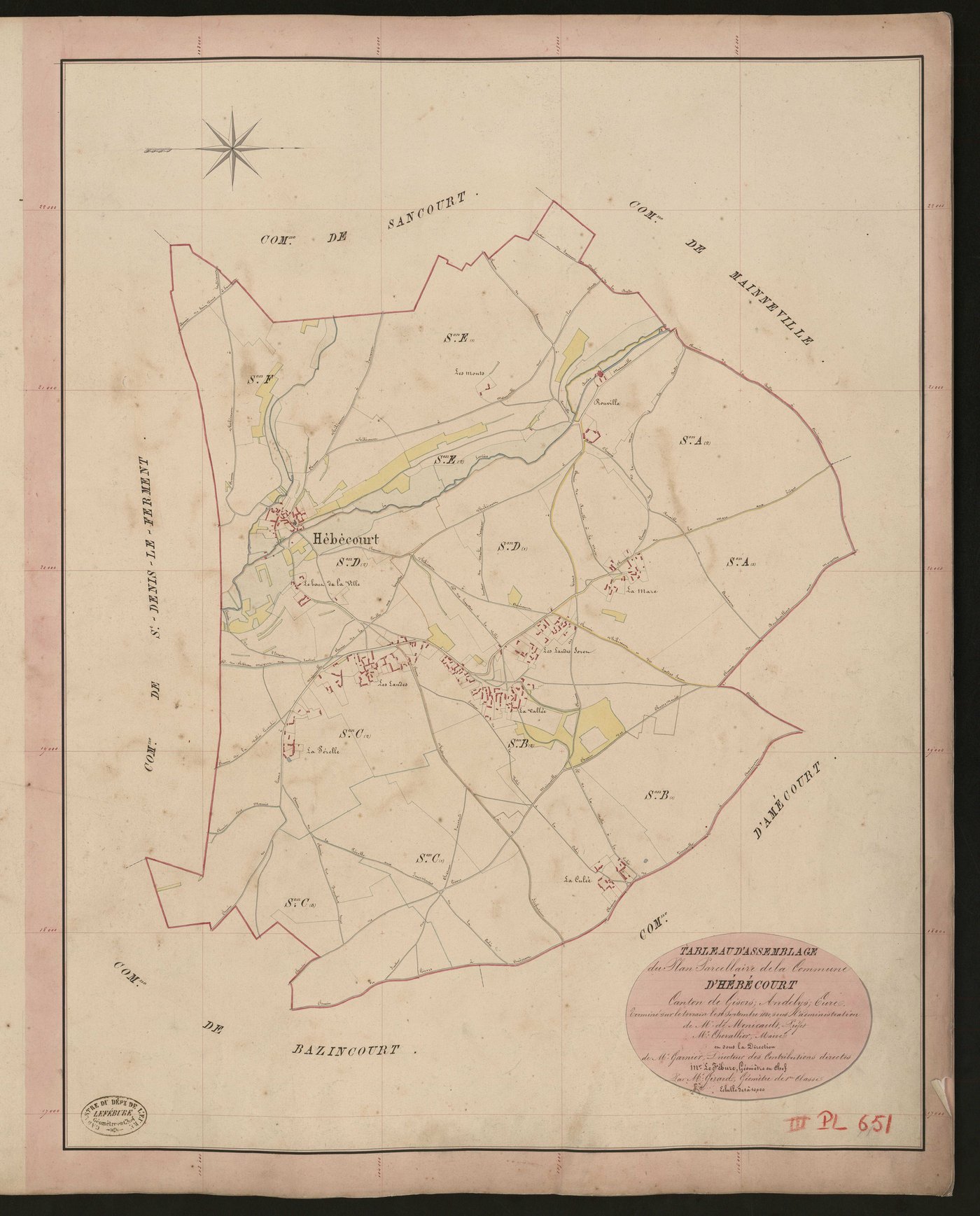 Hébécourt. Tableau d'assemblage du Plan Parcellaire de la Commune d'Hébécourt. _ Canton de Gisors - Andelys - Eure. _ Terminé sur le terrain le 10 septembre 1840, sous l'administration de M. de Monicault, Préfet - M. Chevallier, Maire et so