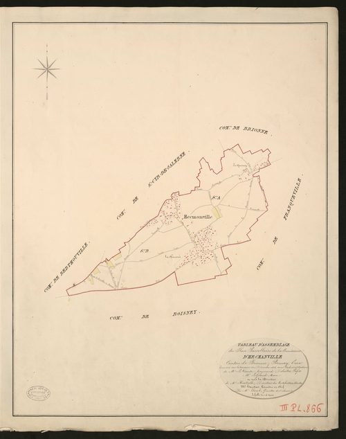 Hecmanville. Tableau d'assemblage du Plan Parcellaire de la Commune de Hecmanville. _ Canton de Brionne - Bernay - Eure. _ Terminé sur le terrain en décembre 1826, sous l'administration de M. Le Vicomte Raymond Delaitre, Préfet - M. Le Gran