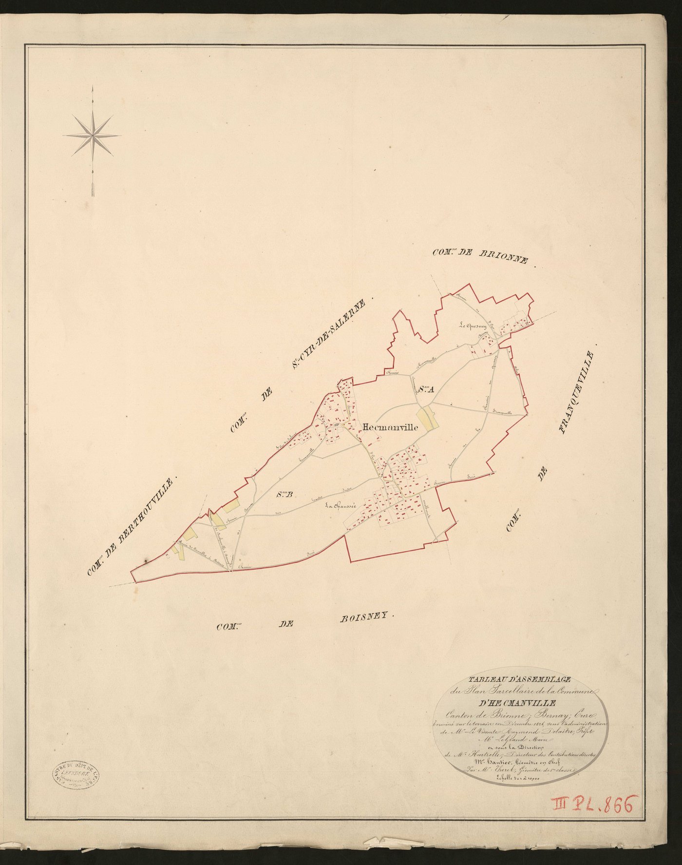 Hecmanville. Tableau d'assemblage du Plan Parcellaire de la Commune de Hecmanville. _ Canton de Brionne - Bernay - Eure. _ Terminé sur le terrain en décembre 1826, sous l'administration de M. Le Vicomte Raymond Delaitre, Préfet - M. Le Gran
