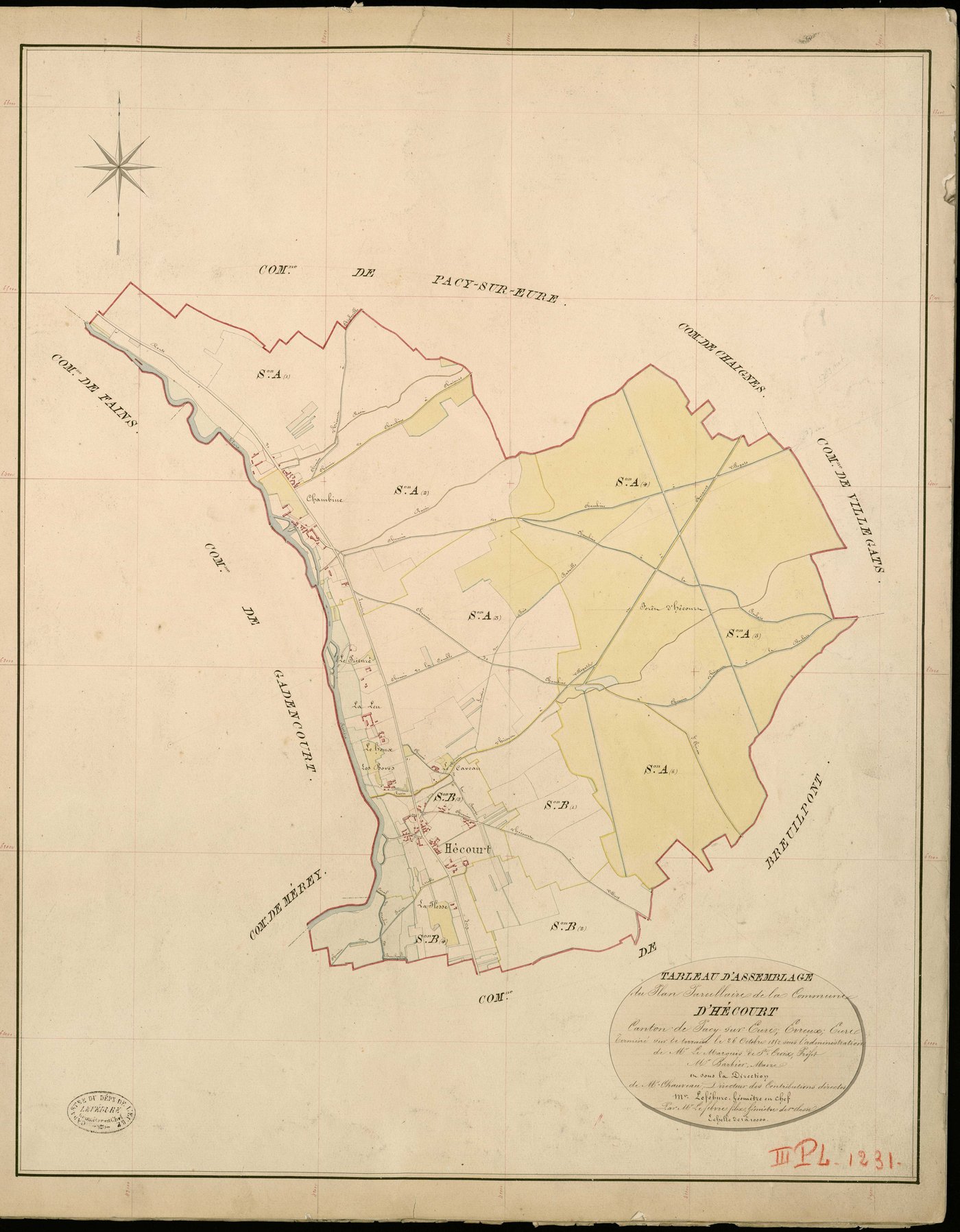 Hécourt. Tableau d'assemblage _ du Plan Parcellaire de la Commune d'Hécourt _ Canton de Pacy sur Eure - Evreux - Eure. _ Terminé sur le Terrain le 26 Octobre 1852, sous l'administration de M. Le Marquis de Ste Croix, Préfet _ M. Barbier, Ma