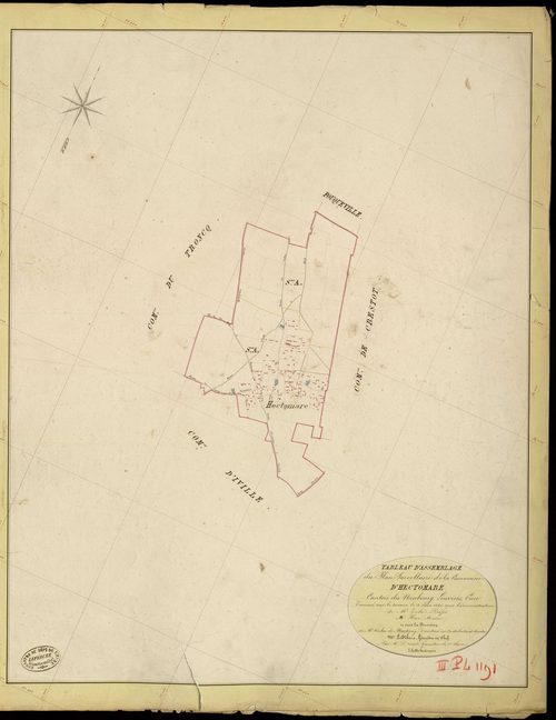 Hectomare. Tableau d'assemblage _ du Plan Parcellaire de la Commune d'Hectomare _ Canton de Neubourg - Louviers - Eure. _ Terminé sur le Terrain le 4 Juin 1845, sous l'administration de M. Zédé, Préfet _ M. Hue, Maire _ et sous la Direction