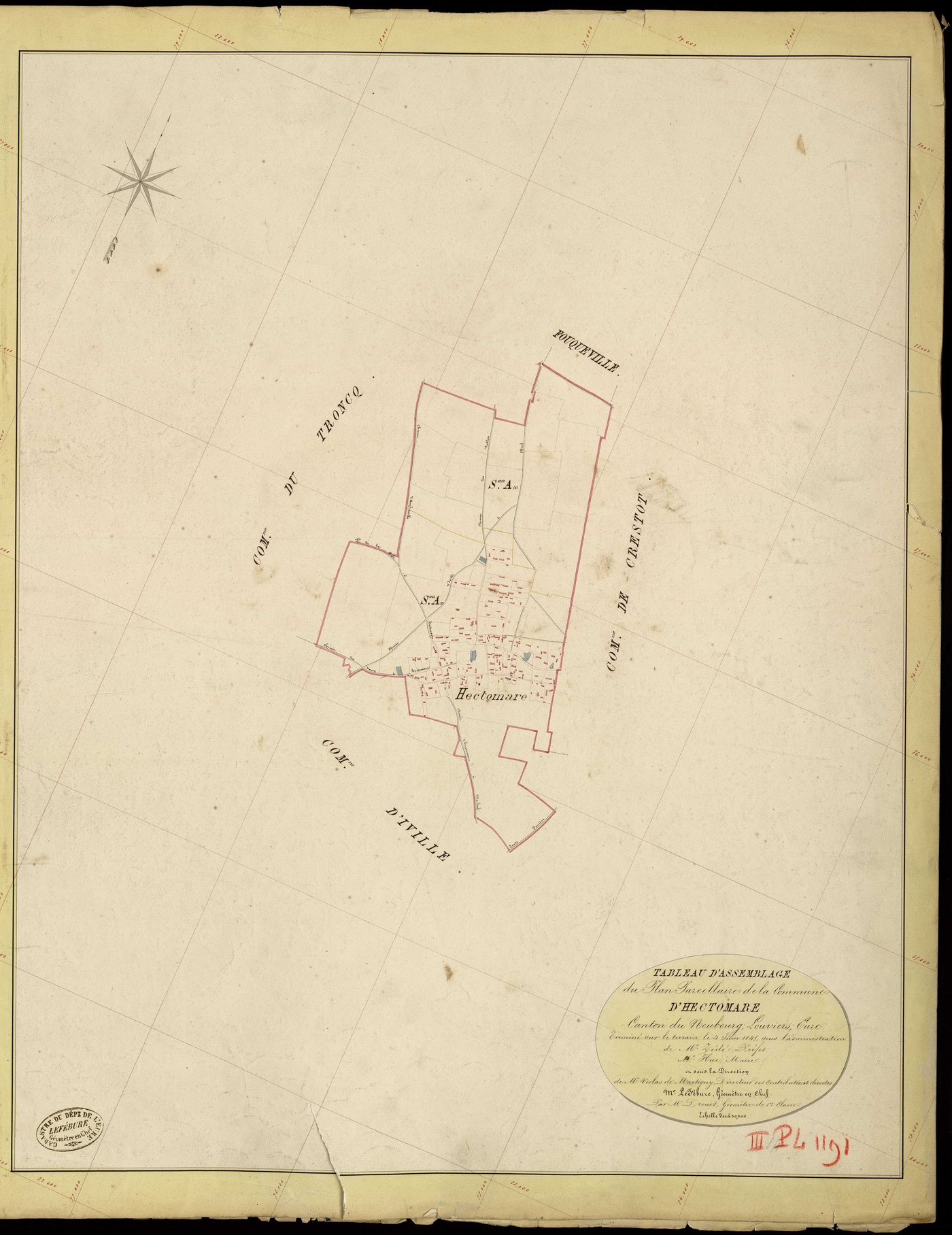 Hectomare. Tableau d'assemblage _ du Plan Parcellaire de la Commune d'Hectomare _ Canton de Neubourg - Louviers - Eure. _ Terminé sur le Terrain le 4 Juin 1845, sous l'administration de M. Zédé, Préfet _ M. Hue, Maire _ et sous la Direction