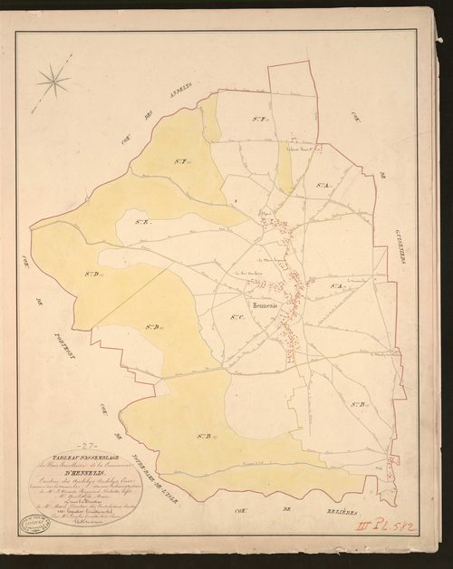 Hennezis. Tableau d'assemblage du Plan Parcellaire de la Commune d'Hennezis. _ Canton des Andelys - Andelys - Eure. _ Terminé sur le terrain en 1830, sous l'administration de M. Le Vicomte Raymond Delaitre, Préfet - M. Quillet fils, Maire e