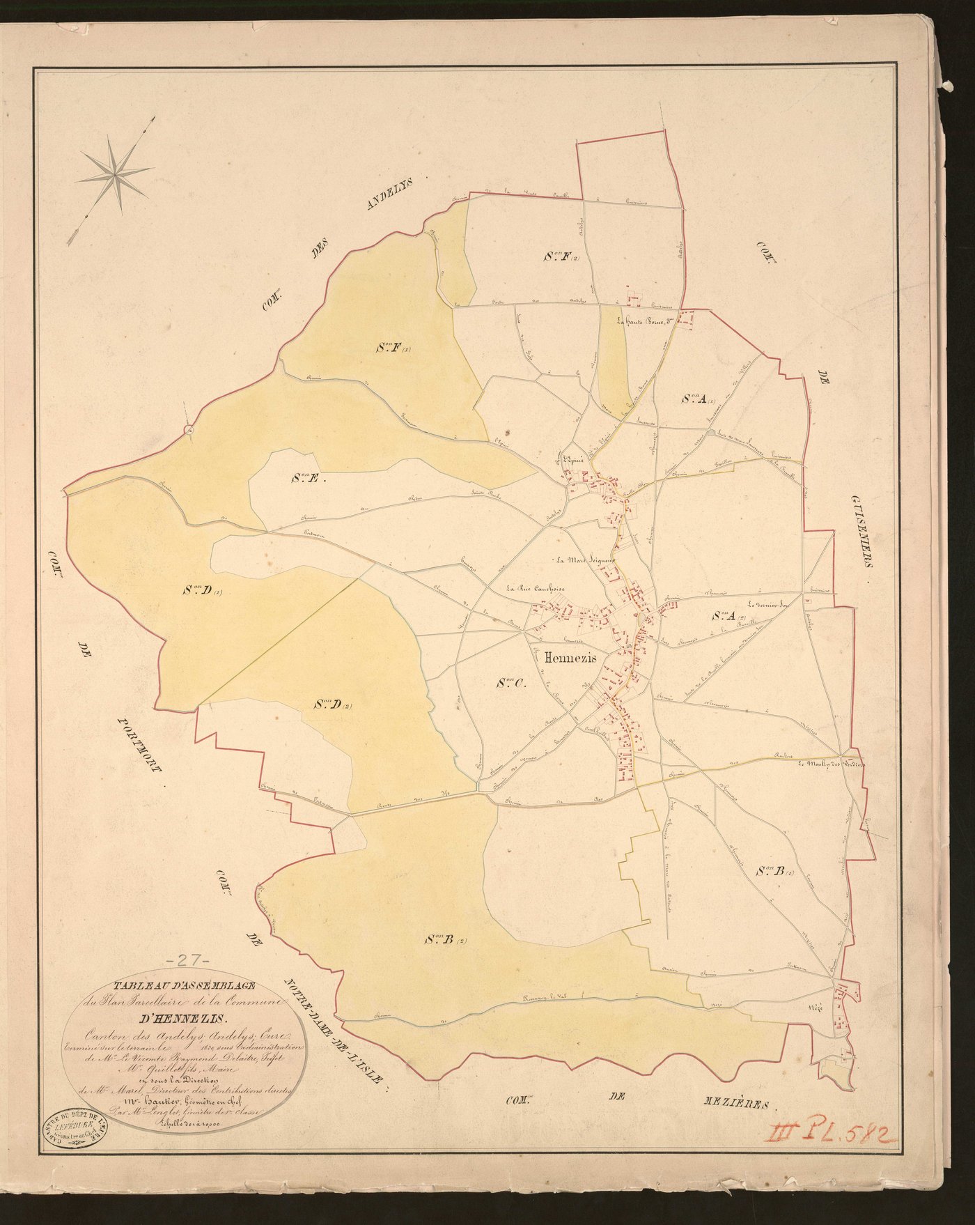 Hennezis. Tableau d'assemblage du Plan Parcellaire de la Commune d'Hennezis. _ Canton des Andelys - Andelys - Eure. _ Terminé sur le terrain en 1830, sous l'administration de M. Le Vicomte Raymond Delaitre, Préfet - M. Quillet fils, Maire e