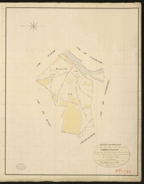 Herqueville. Tableau d'assemblage _ du Plan Parcellaire de la Commune de Damps. _ Canton de Pont-de-l'Arche - Louviers - Eure. _ Terminé sur le terrain le 27 décembre 1834 sous l'administration de M. A. Passy, Préfet _ M. Marinel, maire _ e