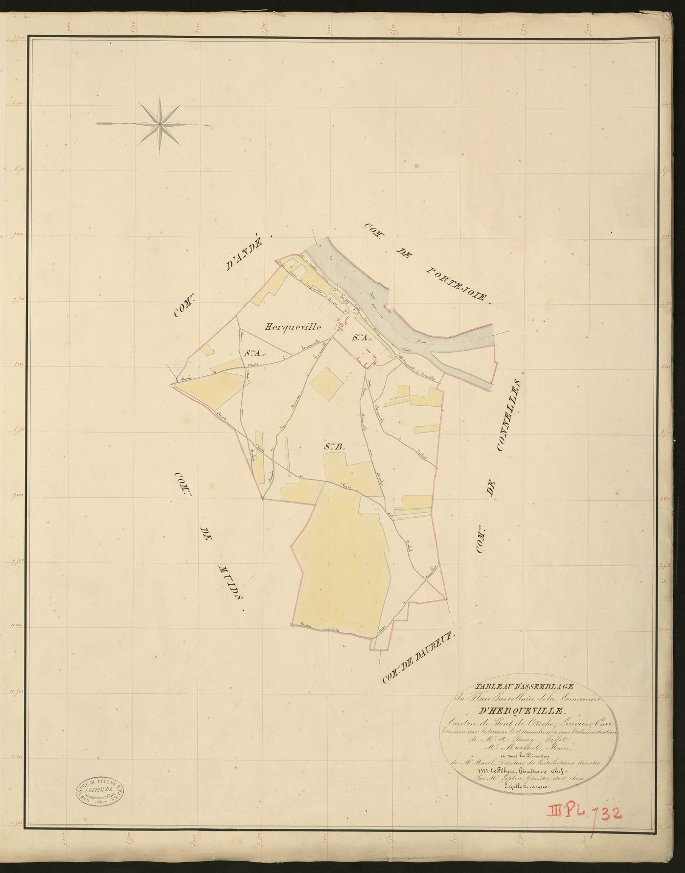 Herqueville. Tableau d'assemblage _ du Plan Parcellaire de la Commune de Damps. _ Canton de Pont-de-l'Arche - Louviers - Eure. _ Terminé sur le terrain le 27 décembre 1834 sous l'administration de M. A. Passy, Préfet _ M. Marinel, maire _ e