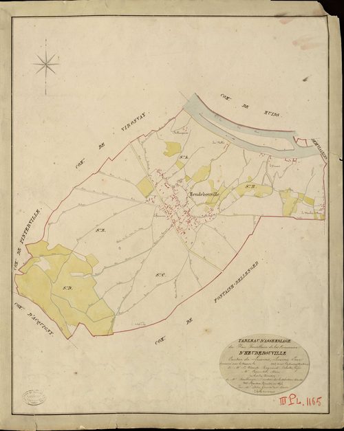 Heudebouville. Tableau d'assemblage _ du Plan Parcellaire de la Commune d'Heudebouville _ Canton de Louviers - Louviers - Eure. _ Terminé sur le Terrain en 1823, sous l'administration de M. Le Vicomte Raymond Delaître, Préfet _ M. De Carpen