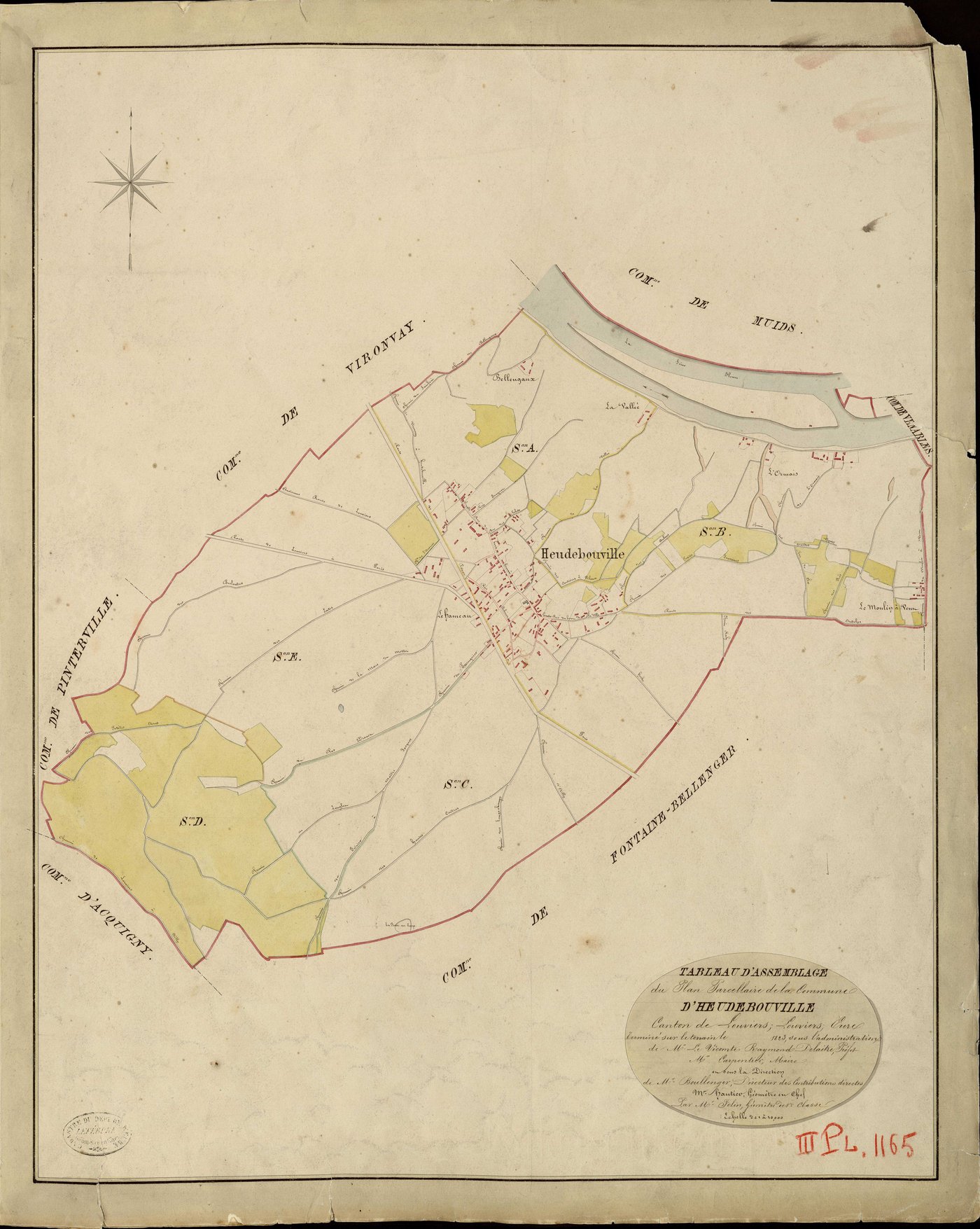 Heudebouville. Tableau d'assemblage _ du Plan Parcellaire de la Commune d'Heudebouville _ Canton de Louviers - Louviers - Eure. _ Terminé sur le Terrain en 1823, sous l'administration de M. Le Vicomte Raymond Delaître, Préfet _ M. De Carpen
