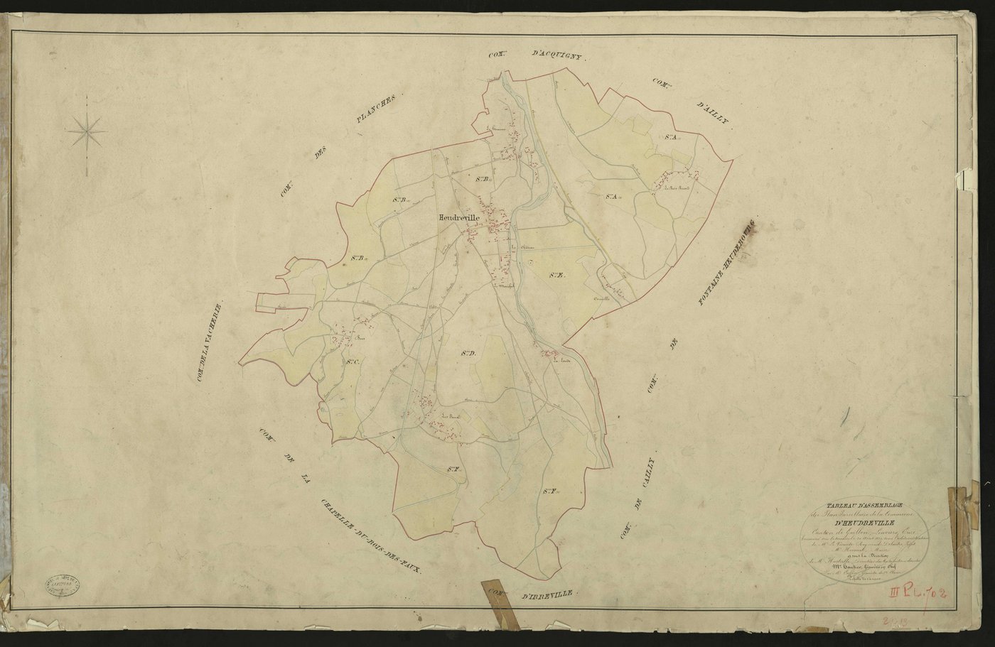 Heudreville-sur-Eure. Tableau d'assemblage du Plan Parcellaire de la Commune d'Heudreville _ Canton de Gaillon - Louviers - Eure. _ Terminé sur le terrain le 20 août 1829, sous l'administration de M. Le Vicomte Raymond Delaitre, Préfet - M.