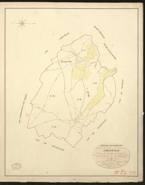 Heuqueville. Tableau d'assemblage du Plan Parcellaire de la Commune d'Heuqueville. _ Canton des Andelys - Andelys - Eure. _ Terminé sur le terrain en 1830, sous l'administration de M. Le Vicomte Raymond Delaitre, Prefet - M. Legendre, Maire