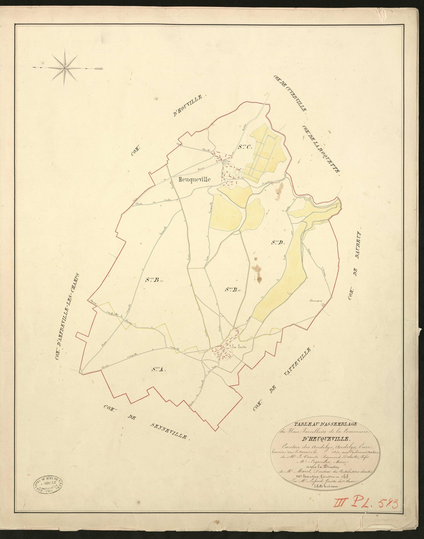 Heuqueville. Tableau d'assemblage du Plan Parcellaire de la Commune d'Heuqueville. _ Canton des Andelys - Andelys - Eure. _ Terminé sur le terrain en 1830, sous l'administration de M. Le Vicomte Raymond Delaitre, Prefet - M. Legendre, Maire