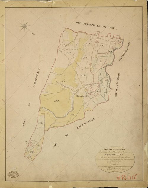 Hondouville. Tableau d'assemblage _ du Plan Parcellaire de la Commune d'Hondouville _ Canton de Louviers - Louviers - Eure. _ Terminé sur le Terrain le 19 Septembre 1845, sous l'administration de M. Zédé, Préfet _ M. Dupont, Maire _ et sous