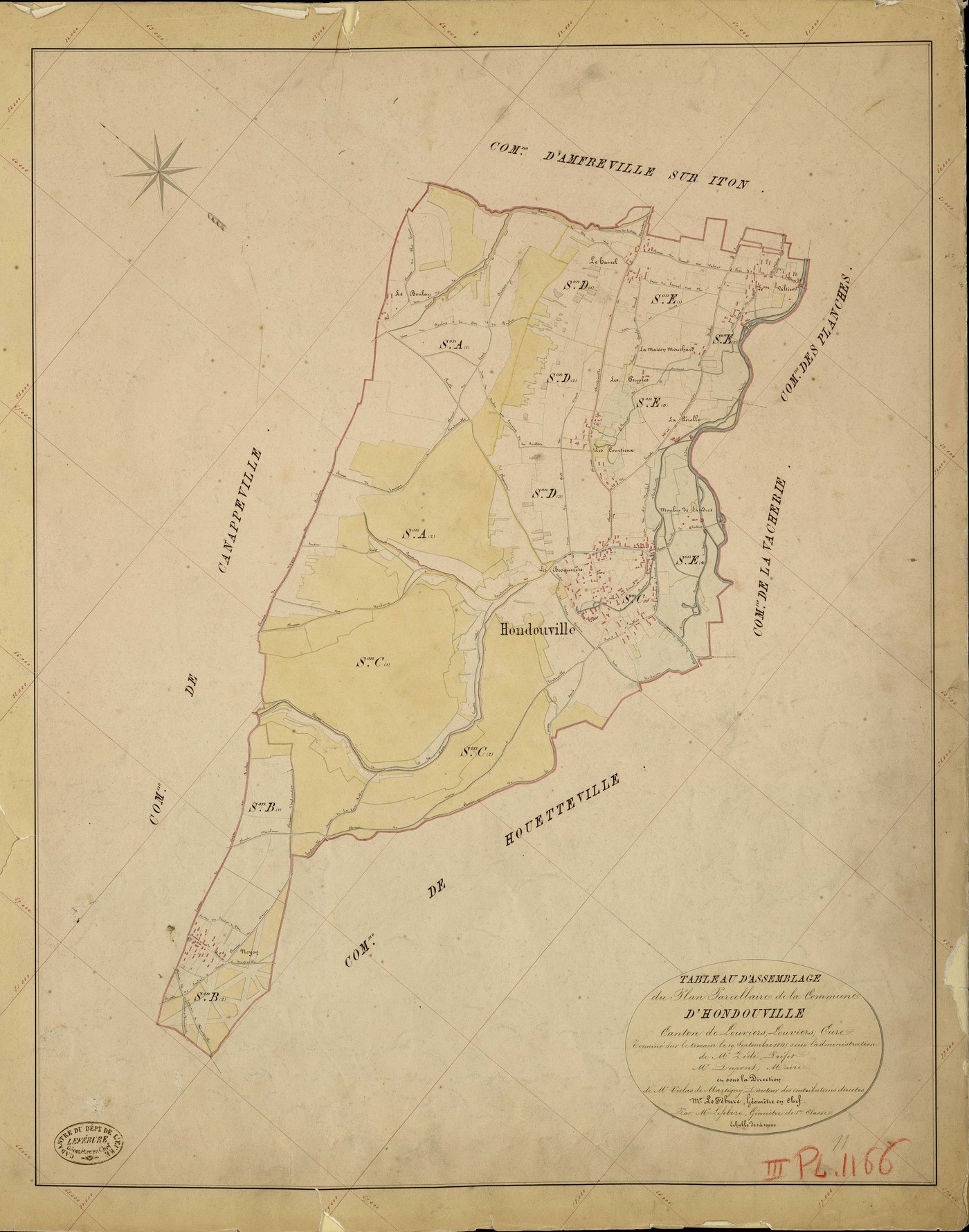 Hondouville. Tableau d'assemblage _ du Plan Parcellaire de la Commune d'Hondouville _ Canton de Louviers - Louviers - Eure. _ Terminé sur le Terrain le 19 Septembre 1845, sous l'administration de M. Zédé, Préfet _ M. Dupont, Maire _ et sous