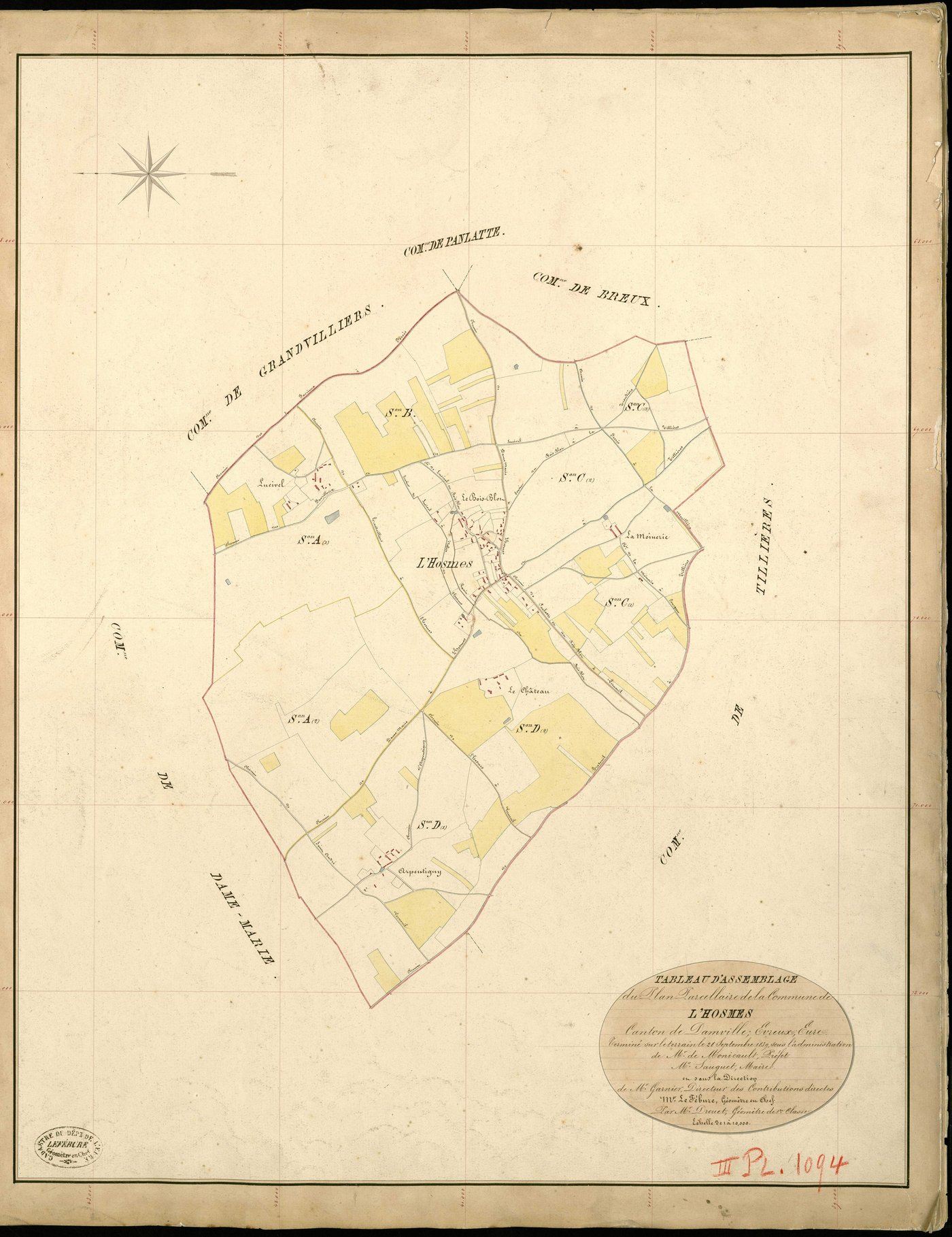 Hosmes (L'). Tableau d'assemblage _ du Plan Parcellaire de la Commune d'Hosmes _ Canton de Damville - Evreux - Eure. _ Terminé sur le Terrain le 28 Septembre 1839 , sous l'administration de M. de Monicault, Préfet _ M. Sauguet, Maire _ sous