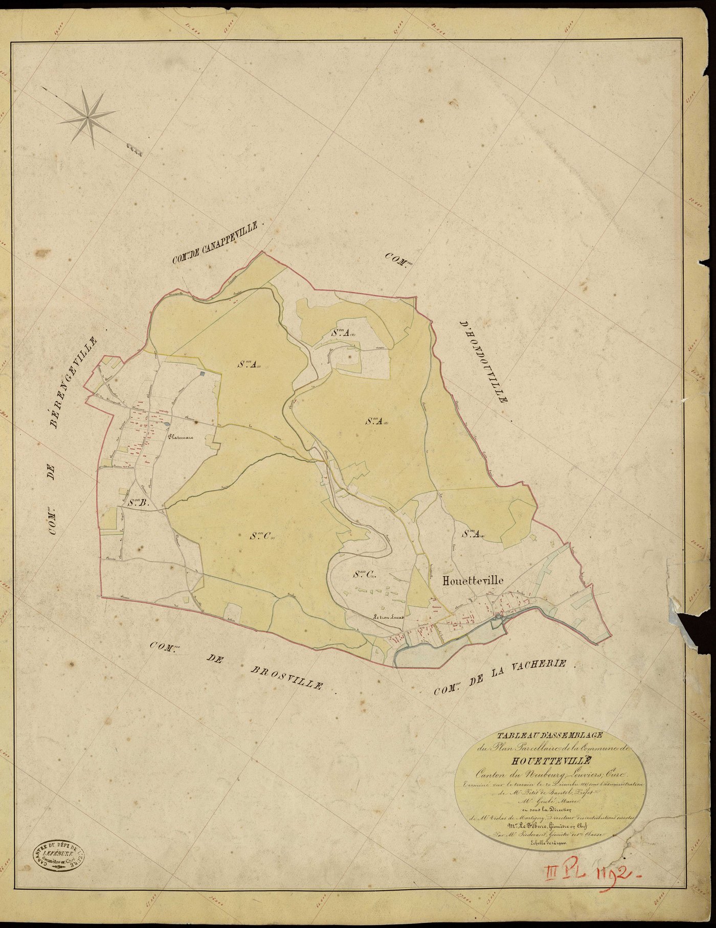 Houetteville. Tableau d'assemblage _ du Plan Parcellaire de la Commune d'Houetteville _ Canton de Neubourg - Louviers - Eure. _ Terminé sur le Terrain le 20 Décembre 1845, sous l'administration de M. Petit de Bantel, Préfet _ M. Goubé, Mair