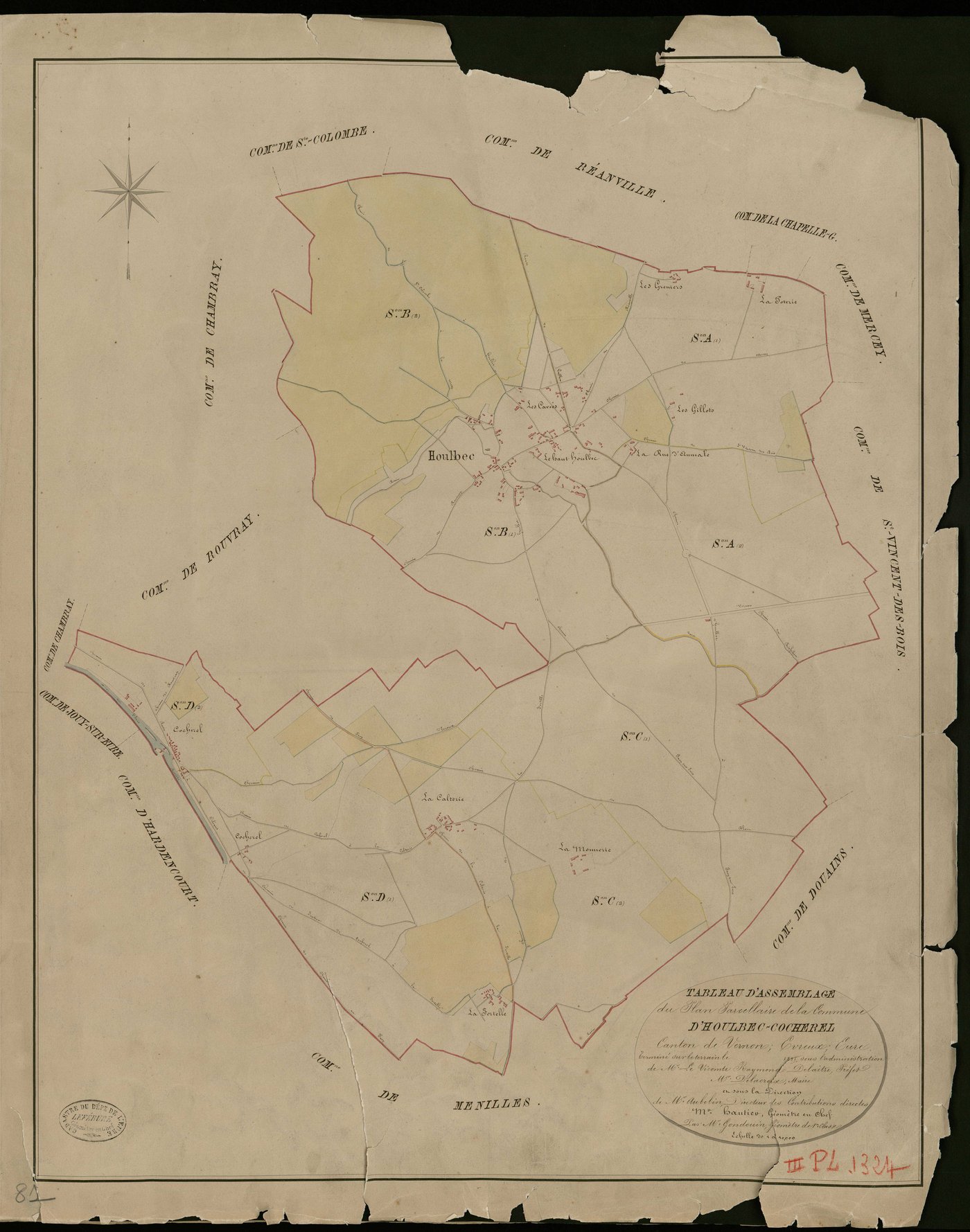 Houlbec-Cocherel. Tableau d'assemblage _ du Plan Parcellaire de la Commune d'Houlbec-Cocherel _ Canton de Vernon - Evreux - Eure. _ Terminé sur le Terrain en 1825, sous l'administration de M. Le Vicomte Raymond Delaitre, Préfet _ M. Delacro