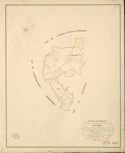 Houlbec-près-le-Gros-Theil. Tableau d'assemblage _ du Plan Parcellaire de la Commune de Houlbec _ Canton d'Amfreville - Louviers - Eure. _ Terminé sur le Terrain en 1828 , sous l'administration de M. Le Vicomte Raymond Delaître , Préfet _ M