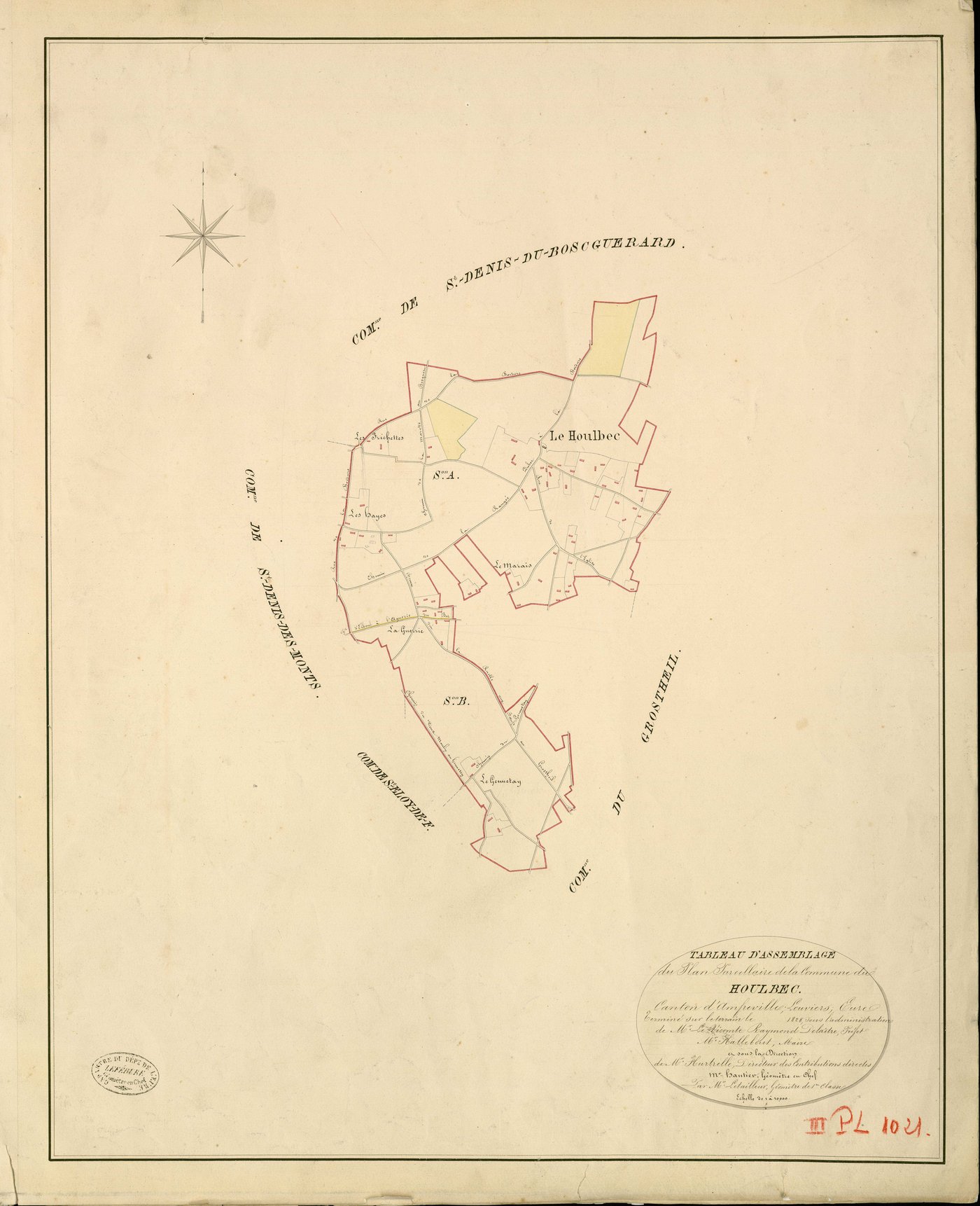 Houlbec-près-le-Gros-Theil. Tableau d'assemblage _ du Plan Parcellaire de la Commune de Houlbec _ Canton d'Amfreville - Louviers - Eure. _ Terminé sur le Terrain en 1828 , sous l'administration de M. Le Vicomte Raymond Delaître , Préfet _ M