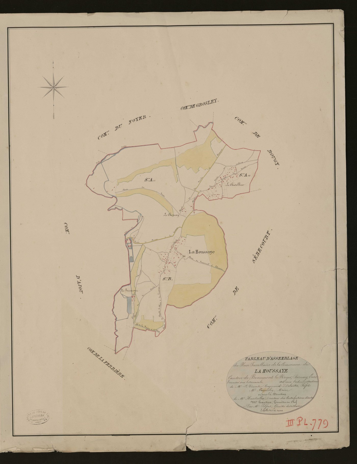 Houssaye (La). Tableau d'assemblage du Plan Parcellaire de la Commune de La Houssaye _ Canton de Beaumont-le-Roger - Bernay - Eure. _ Terminé sur le terrain le 1826, sous l'administration de M. Le Vicomte Raymond Delaitre, Préfet - M. Carne