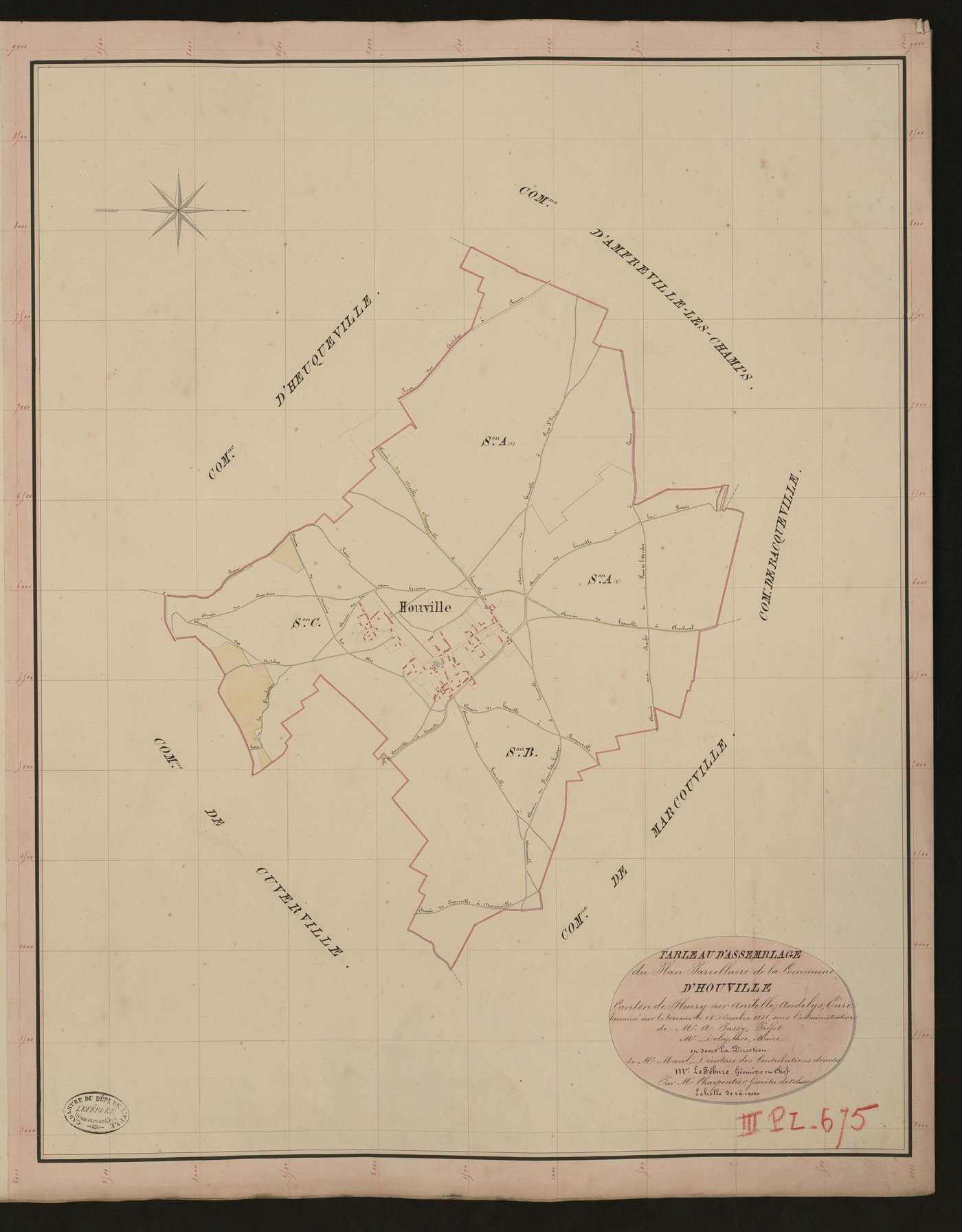 Houville-en-Vexin. Tableau d'assemblage du Plan Parcellaire de la Commune d'Houville. _ Canton de Fleury-sur-Andelle - Andelys - Eure. _ Terminé sur le terrain le 24 décembre 1835, sous l'administration de M. A. Passy, Préfet - M. Delaplace