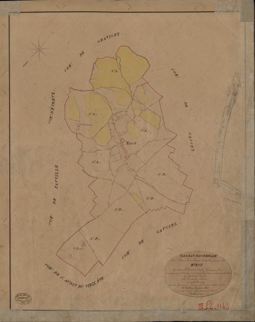 Huest. Tableau d'assemblage _ du Plan Parcellaire de la Commune de Huest _ Canton de Evreux Sud - Evreux - Eure. _ Terminé sur le Terrain le 26 Novembre 1841, sous l'administration de M. Zédé, Préfet _ M. Lemarié, Maire _ sous la Direction 