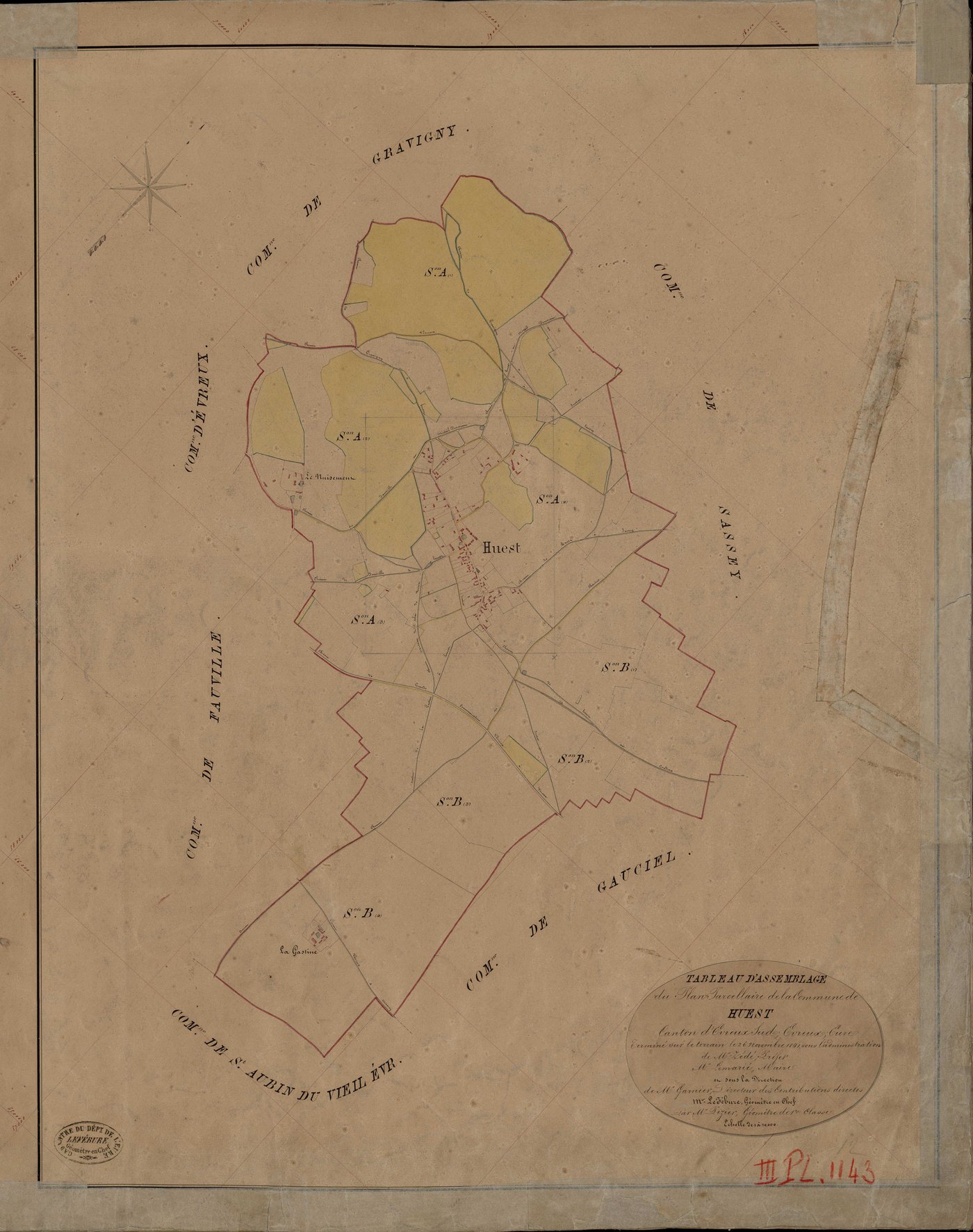 Huest. Tableau d'assemblage _ du Plan Parcellaire de la Commune de Huest _ Canton de Evreux Sud - Evreux - Eure. _ Terminé sur le Terrain le 26 Novembre 1841, sous l'administration de M. Zédé, Préfet _ M. Lemarié, Maire _ sous la Direction 