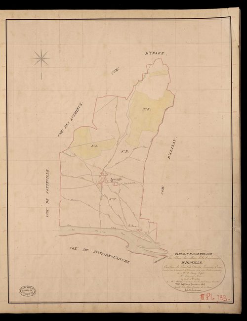Igoville. Tableau d'assemblage _ du Plan Parcellaire de la Commune de D'Igoville. _ Canton de Pont-de-l'Arche - Louviers - Eure. _ Terminé sur le terrain le 30 décembre 1834 sous l'administration de M. A. Passy, Préfet _ M. Travers, maire _