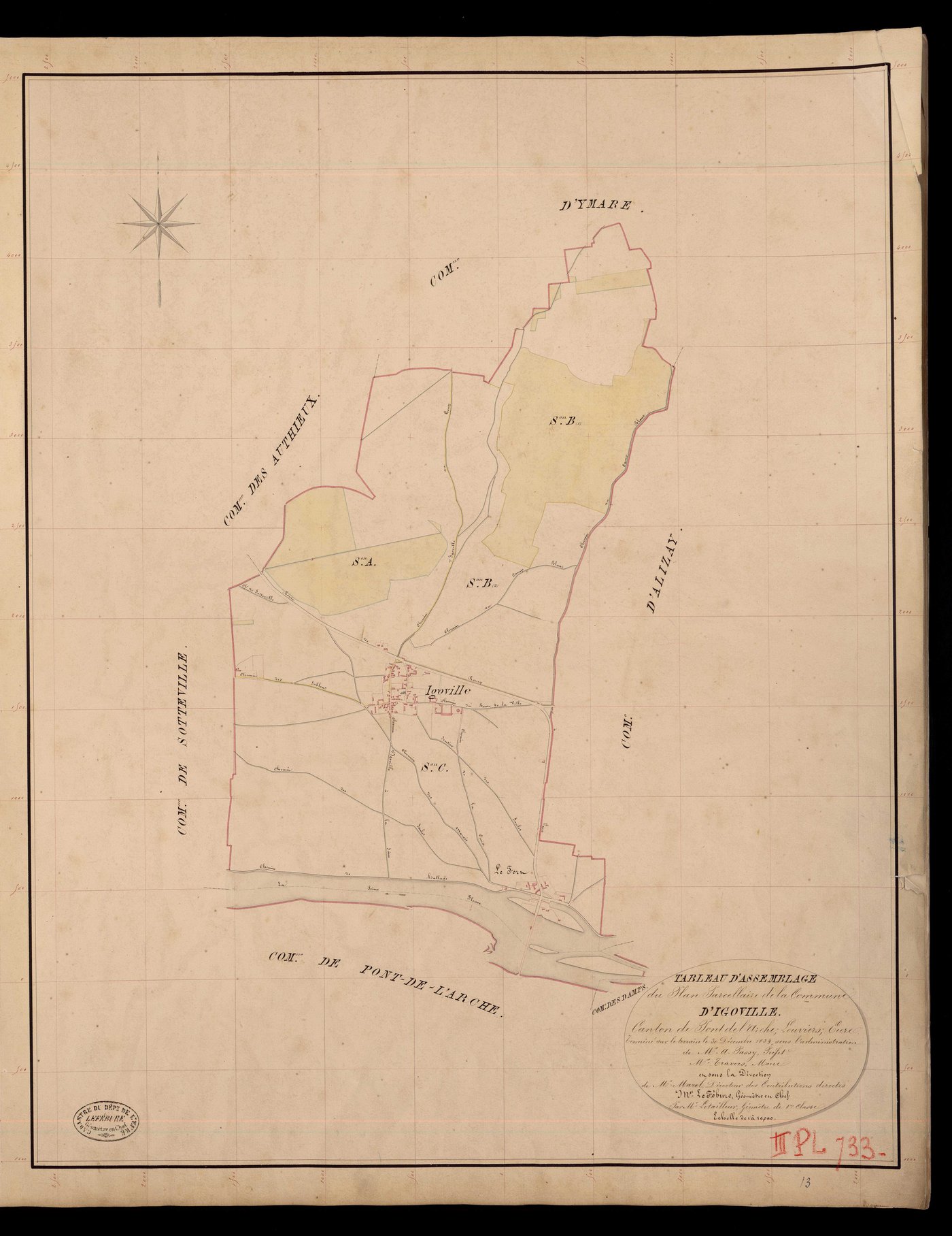 Igoville. Tableau d'assemblage _ du Plan Parcellaire de la Commune de D'Igoville. _ Canton de Pont-de-l'Arche - Louviers - Eure. _ Terminé sur le terrain le 30 décembre 1834 sous l'administration de M. A. Passy, Préfet _ M. Travers, maire _