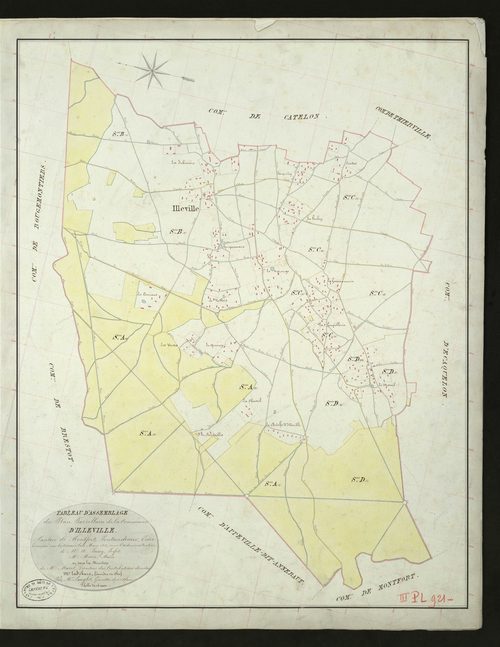 Illeville-sur-Montfort. Tableau d'assemblage _ du Plan Parcellaire de la Commune d'Illeville _ Canton de Montfort - Pontaudemer - Eure. _ Terminé sur le Terrain le 10 mars 1832, sous l'administration de M. A Passy, Préfet _ M. Marie, Maire 