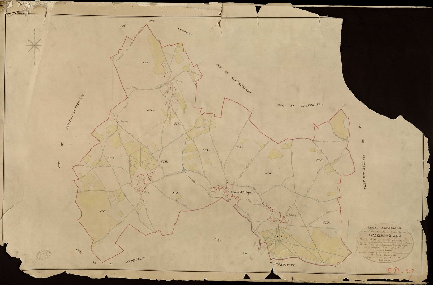 Illiers-l'Evêque. Tableau d'assemblage _ du Plan Parcellaire de la Commune d'Illiers l'Evêque _ Canton de Nonancourt - Evreux - Eure. _ Terminé sur le Terrain le 20 Décembre 1829, sous l'administration de M. Le Vicomte Raymond Delaitre, Pré