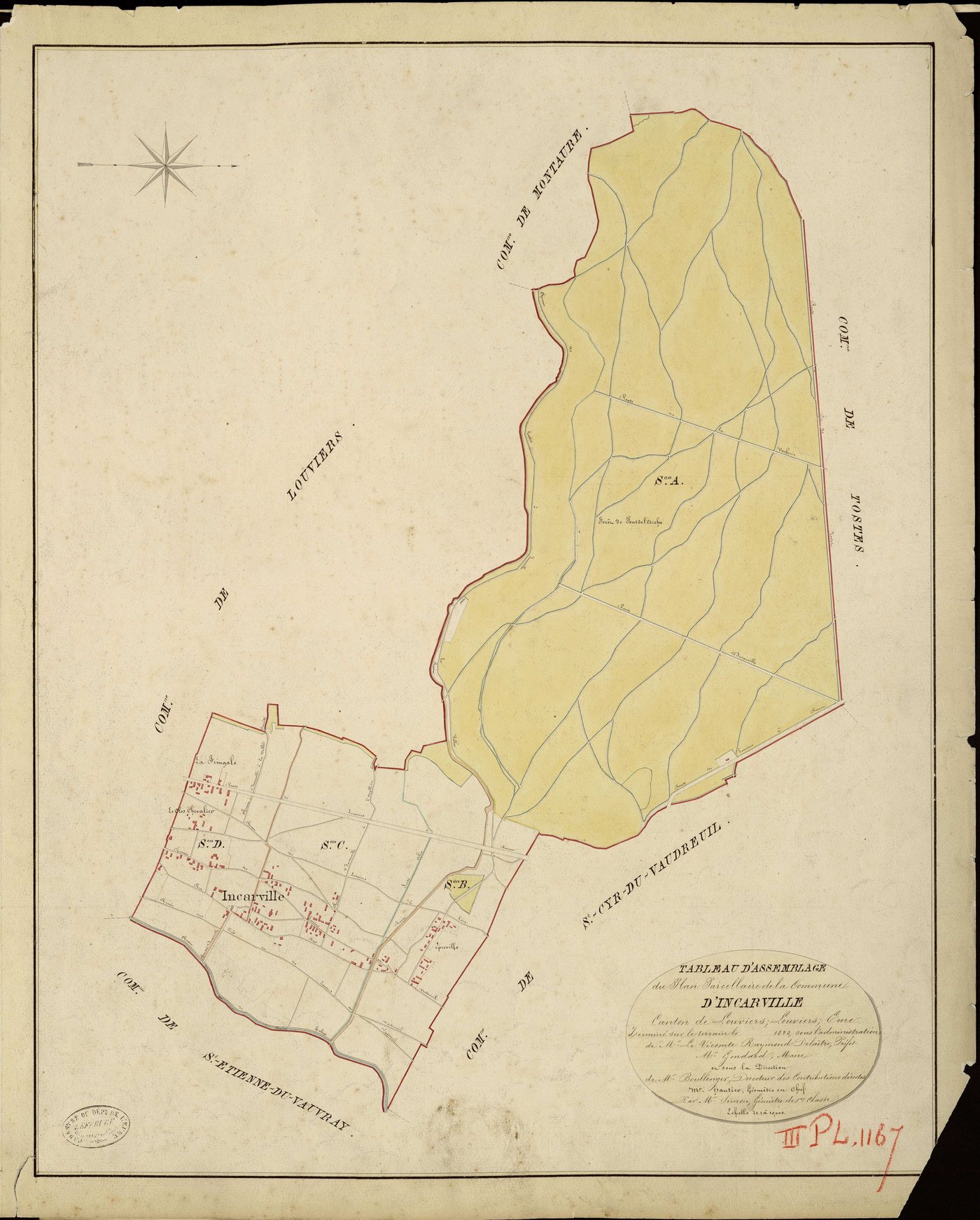 Incarville. Tableau d'assemblage _ du Plan Parcellaire de la Commune d'Incarville _ Canton de Louviers - Louviers - Eure. _ Terminé sur le Terrain en 1823, sous l'administration de M. Le Vicomte Raymond Delaitre, Préfet _ M. Gondrad, Maire 