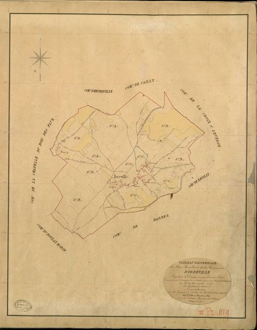 Irreville. Tableau d'assemblage _ du Plan Parcellaire de la Commune d'Irreville _ Canton de Evreux (nord) - Evreux - Eure. _ Terminé sur le Terrain le 27 Octobre 1840 , sous l'administration de M. de Monicault, Préfet _ M. Guillard, Maire _