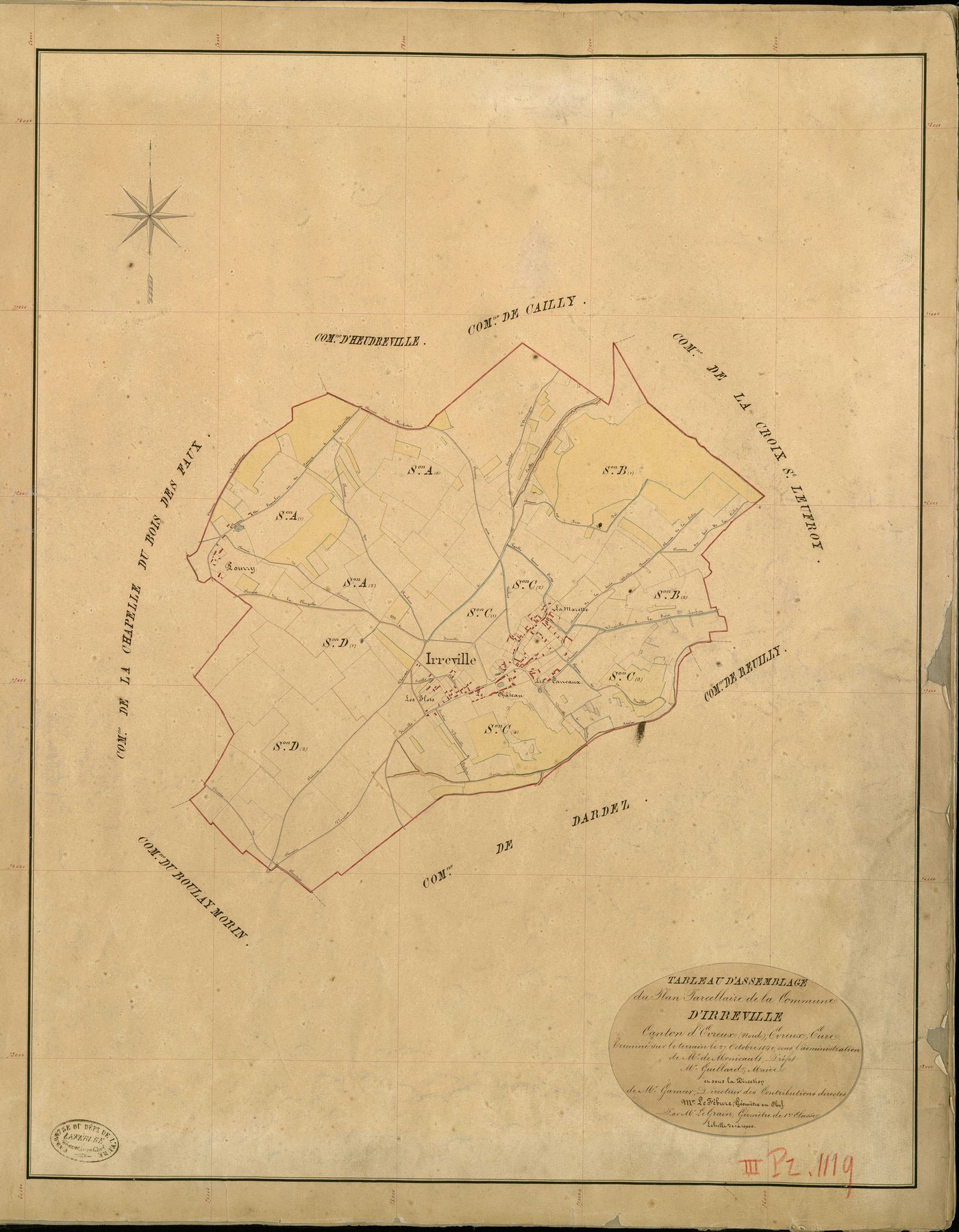 Irreville. Tableau d'assemblage _ du Plan Parcellaire de la Commune d'Irreville _ Canton de Evreux (nord) - Evreux - Eure. _ Terminé sur le Terrain le 27 Octobre 1840 , sous l'administration de M. de Monicault, Préfet _ M. Guillard, Maire _