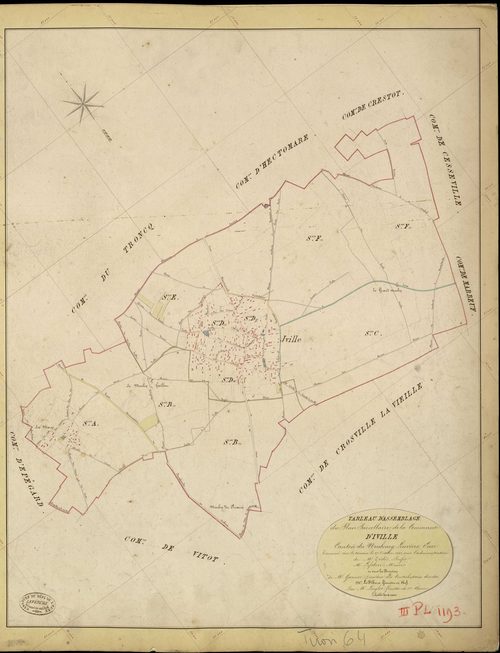 Iville. Tableau d'assemblage _ du Plan Parcellaire de la Commune d'Iville _ Canton de Neubourg - Louviers - Eure. _ Terminé sur le Terrain le 27 Octobre 1845, sous l'administration de M. Zédé, Préfet _ M. Lefebure, Maire _ et sous la Direct