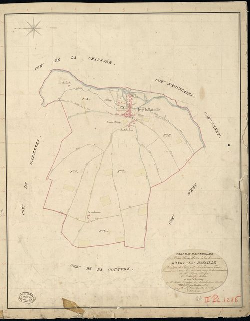 Ivry-la-Bataille. Tableau d'assemblage _ du Plan Parcellaire de la Commune d'Ivry la Bataille _ Canton de Saint André - Evreux - Eure. _ Terminé sur le Terrain le 10 Mars 1838, sous l'administration de M. Passy, Préfet _ M. Le Moine, Maire 
