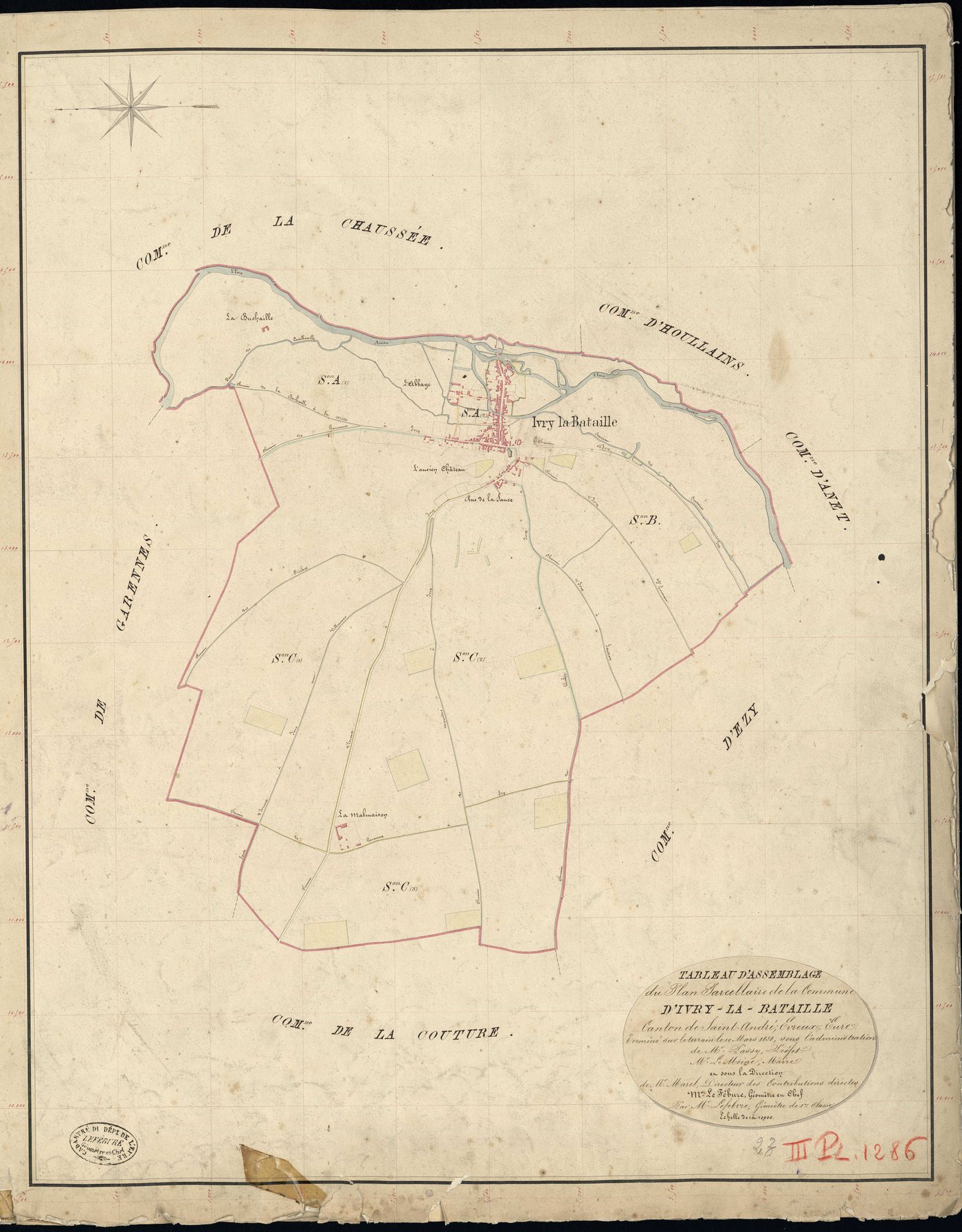 Ivry-la-Bataille. Tableau d'assemblage _ du Plan Parcellaire de la Commune d'Ivry la Bataille _ Canton de Saint André - Evreux - Eure. _ Terminé sur le Terrain le 10 Mars 1838, sous l'administration de M. Passy, Préfet _ M. Le Moine, Maire 