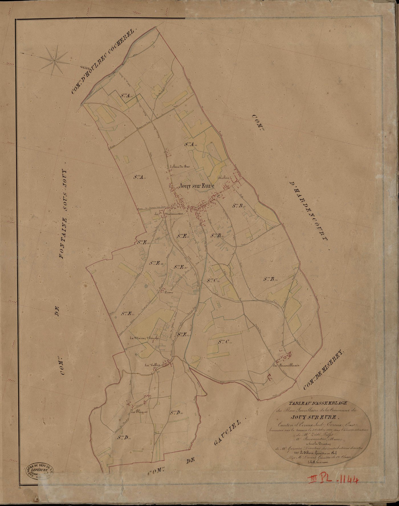 Jouy-sur-Eure. Tableau d'assemblage _ du Plan Parcellaire de la Commune de Jouy sur Eure _ Canton de Evreux Sud - Evreux - Eure. _ Terminé sur le Terrain le 30 Octobre 1842, sous l'administration de M. Zédé, Préfet _ M. Bosquentin, Maire _ 