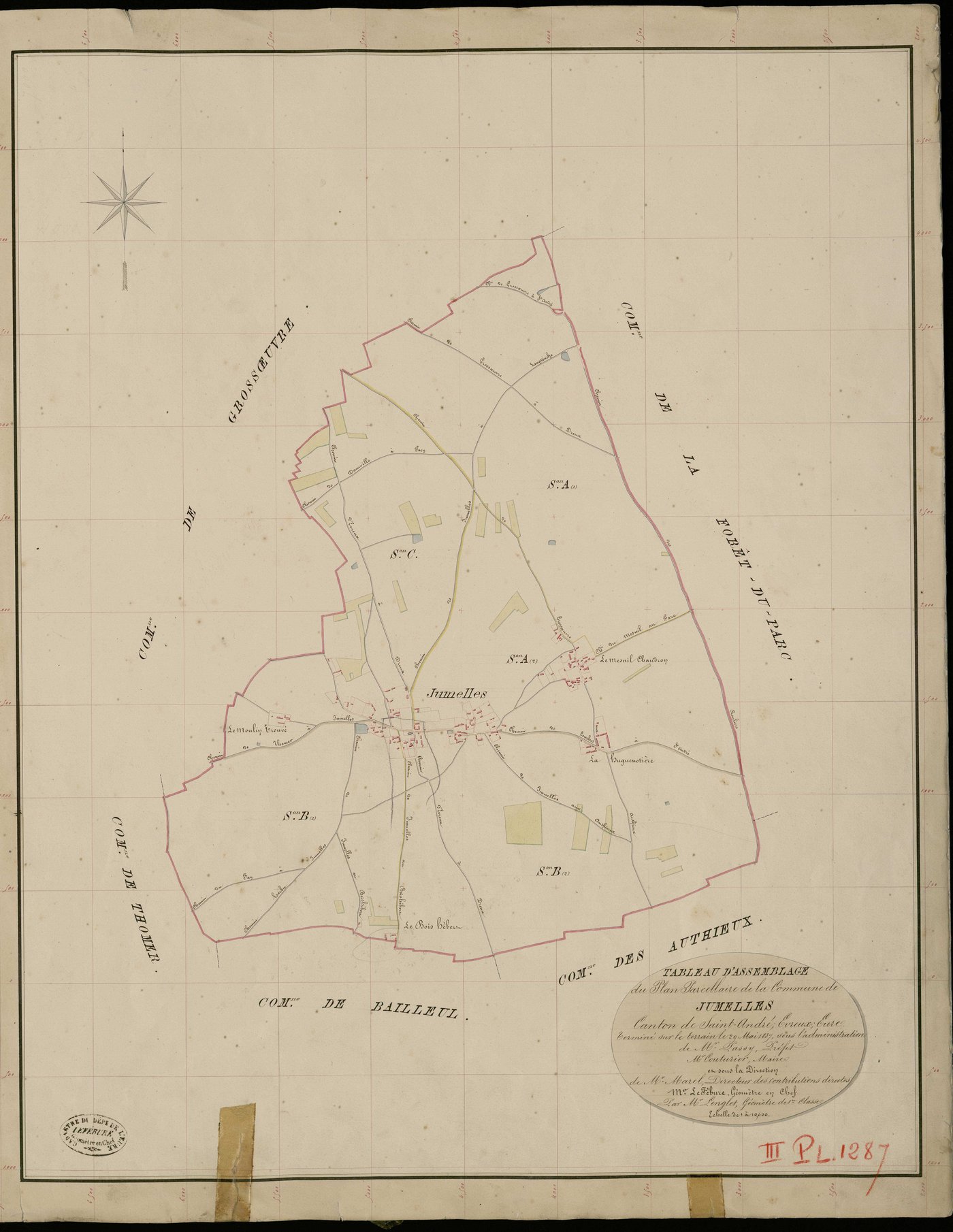 Jumelles. Tableau d'assemblage _ du Plan Parcellaire de la Commune de Jumelles _ Canton de Saint André - Evreux - Eure. _ Terminé sur le Terrain le 29 Mai 1837, sous l'administration de M. Passy, Préfet _ M. Couturier, Maire _ et sous la Di