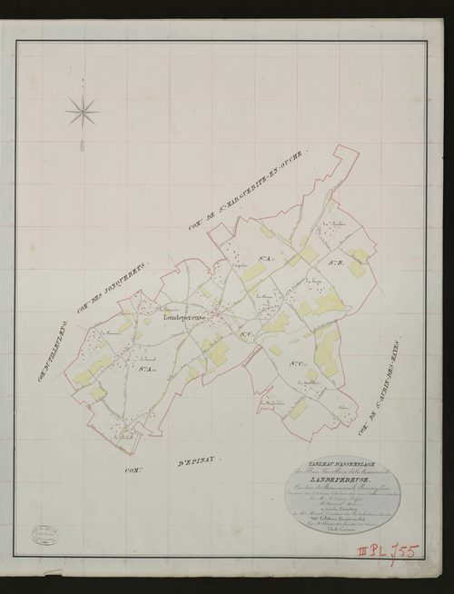 Landepéreuse. Tableau d'assemblage _ du Plan Parcellaire de la Commune de Landepereuse. _ Canton de Beaumesnil - Bernay - Eure. _ Terminé sur le terrain le 18 juin 1833 sous l'administration de M. A. Passy, Préfet _ M.Crosnier maire _ en so
