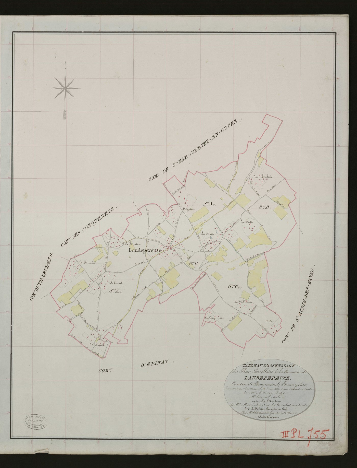 Landepéreuse. Tableau d'assemblage _ du Plan Parcellaire de la Commune de Landepereuse. _ Canton de Beaumesnil - Bernay - Eure. _ Terminé sur le terrain le 18 juin 1833 sous l'administration de M. A. Passy, Préfet _ M.Crosnier maire _ en so