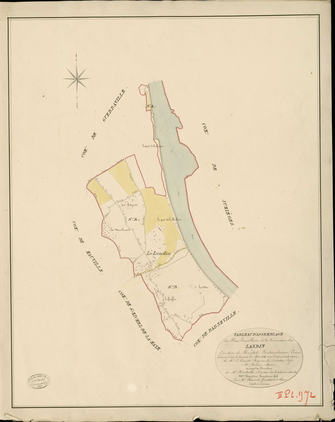 Landin (Le). Tableau d'assemblage _ du Plan Parcellaire de la Commune de Landin _ Canton de Routot - Pontaudemer - Eure. _ Terminé sur le Terrain le Mai 1826 , sous l'administration de M.Le Vicomte Raymond Delaitre, Préfet _ M. Bisson, Mair