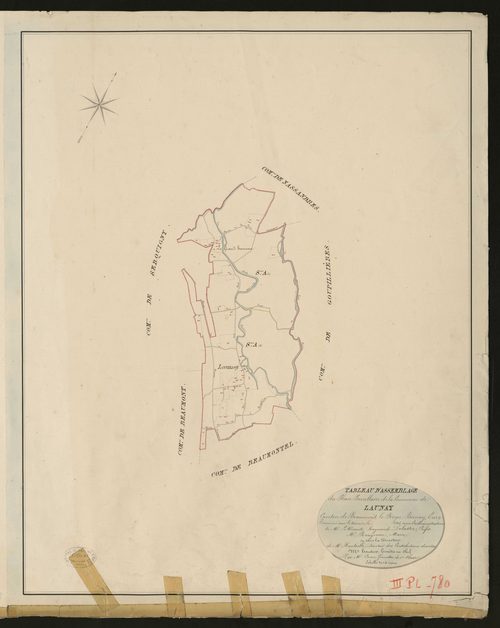 Launay. Tableau d'assemblage du Plan Parcellaire de la Commune de Launay _ Canton de Beaumont-le-Roger - Bernay - Eure. _ Terminé sur le terrain le 1826, sous l'administration de M. Le Vicomte Raymond Delaitre, Préfet - M. Rougeron, Maire e