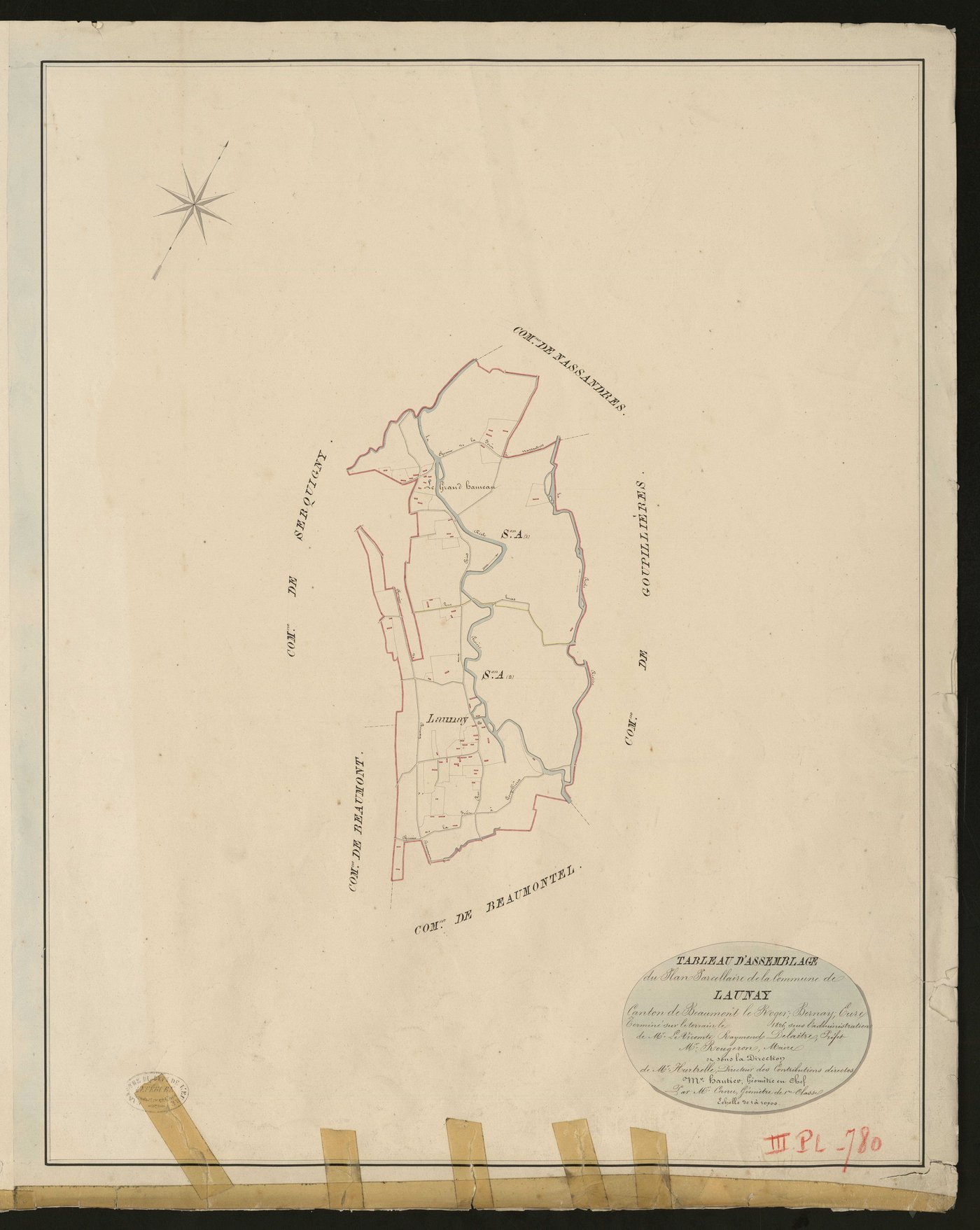 Launay. Tableau d'assemblage du Plan Parcellaire de la Commune de Launay _ Canton de Beaumont-le-Roger - Bernay - Eure. _ Terminé sur le terrain le 1826, sous l'administration de M. Le Vicomte Raymond Delaitre, Préfet - M. Rougeron, Maire e