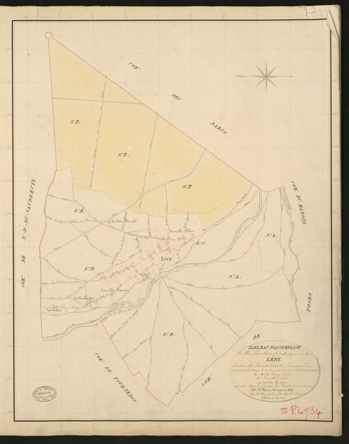 Léry. Tableau d'assemblage _ du Plan Parcellaire de la Commune de Léry. _ Canton de Pont-de-l'Arche - Louviers - Eure. _ Terminé sur le terrain le 29 Novembre 1834 sous l'administration de M. A. Passy, Préfet _ M. Travers, maire _ en sous l