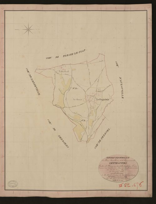 Letteguives. Tableau d'assemblage du Plan Parcellaire de la Commune de Letteguives. _ Canton de Fleury-sur-Andelle - Andelys - Eure. _ Terminé sur le terrain le 12 mars 1836, sous l'administration de M. A. Passy, Préfet - M. Templeu, Maire 